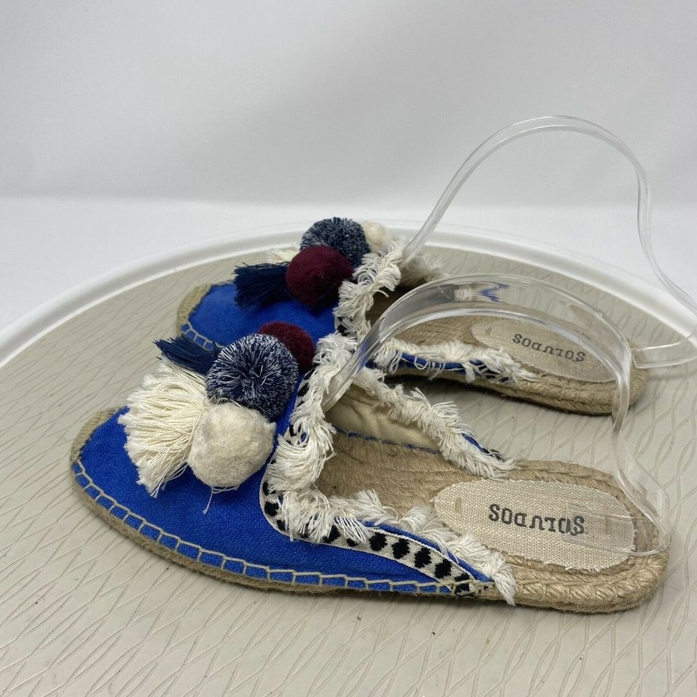 Soludos Slip On Shoes 7.5 Pom Pom Mule Blue Frayed Embellished Canvas Vegan - Picture 3 of 10